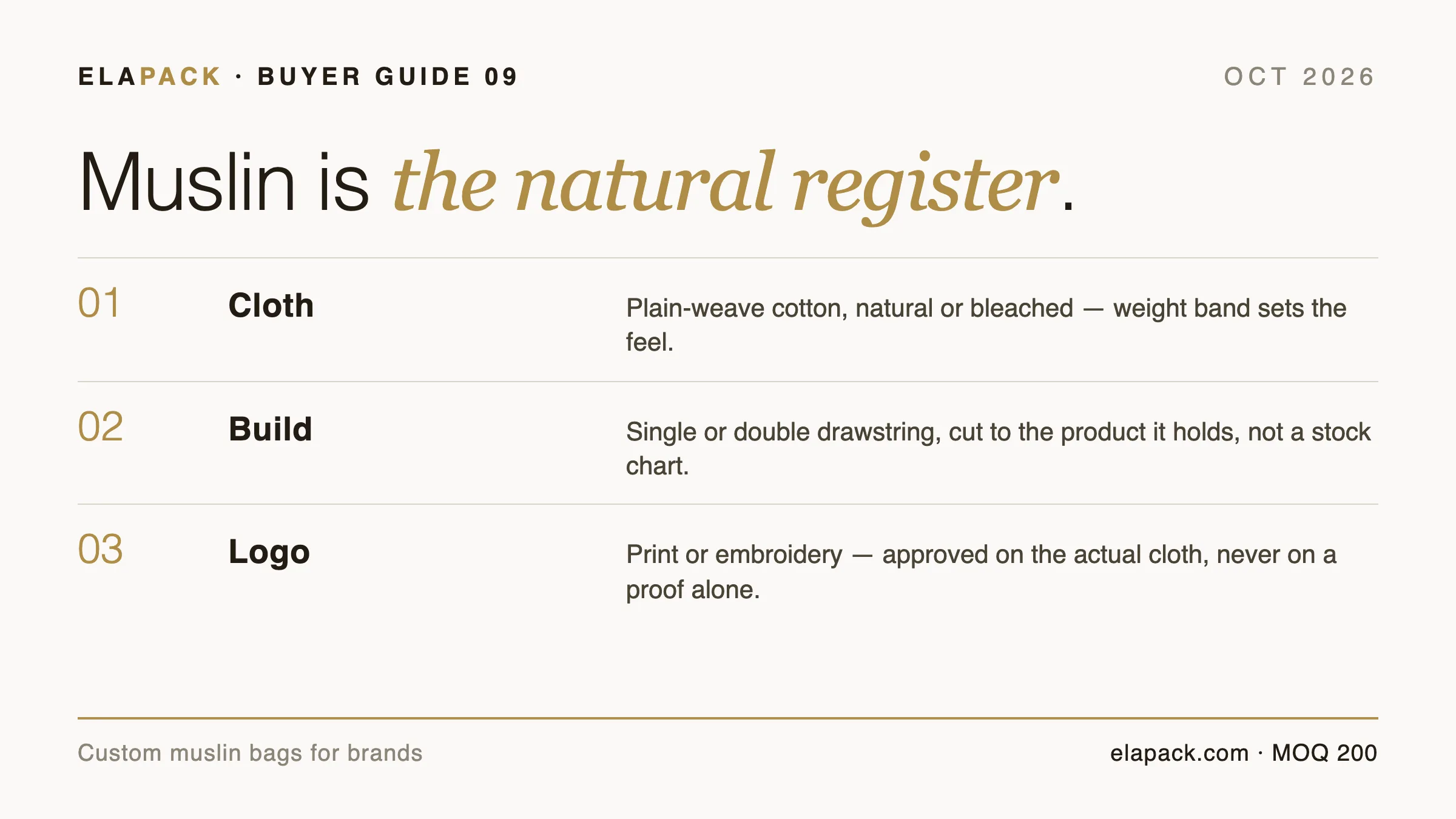 Guide cover card: muslin is the natural register — cloth, drawstring build and logo options for custom muslin bags