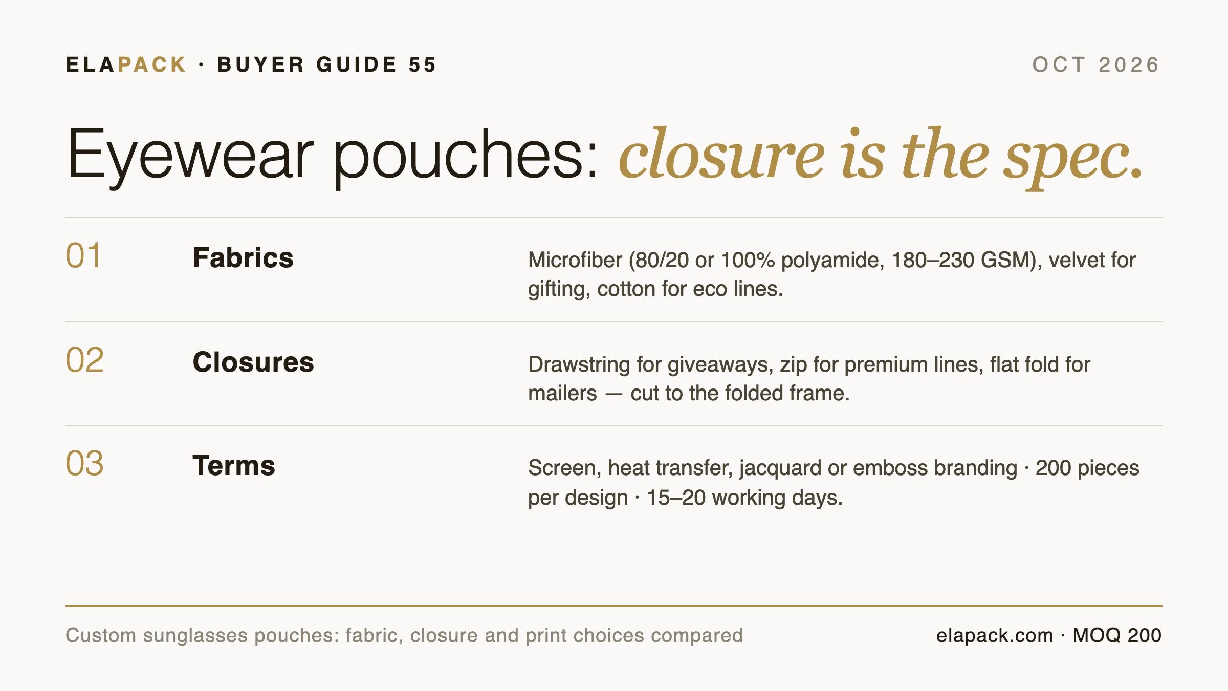 Custom sunglasses pouch builds compared — drawstring, zip and flat fold