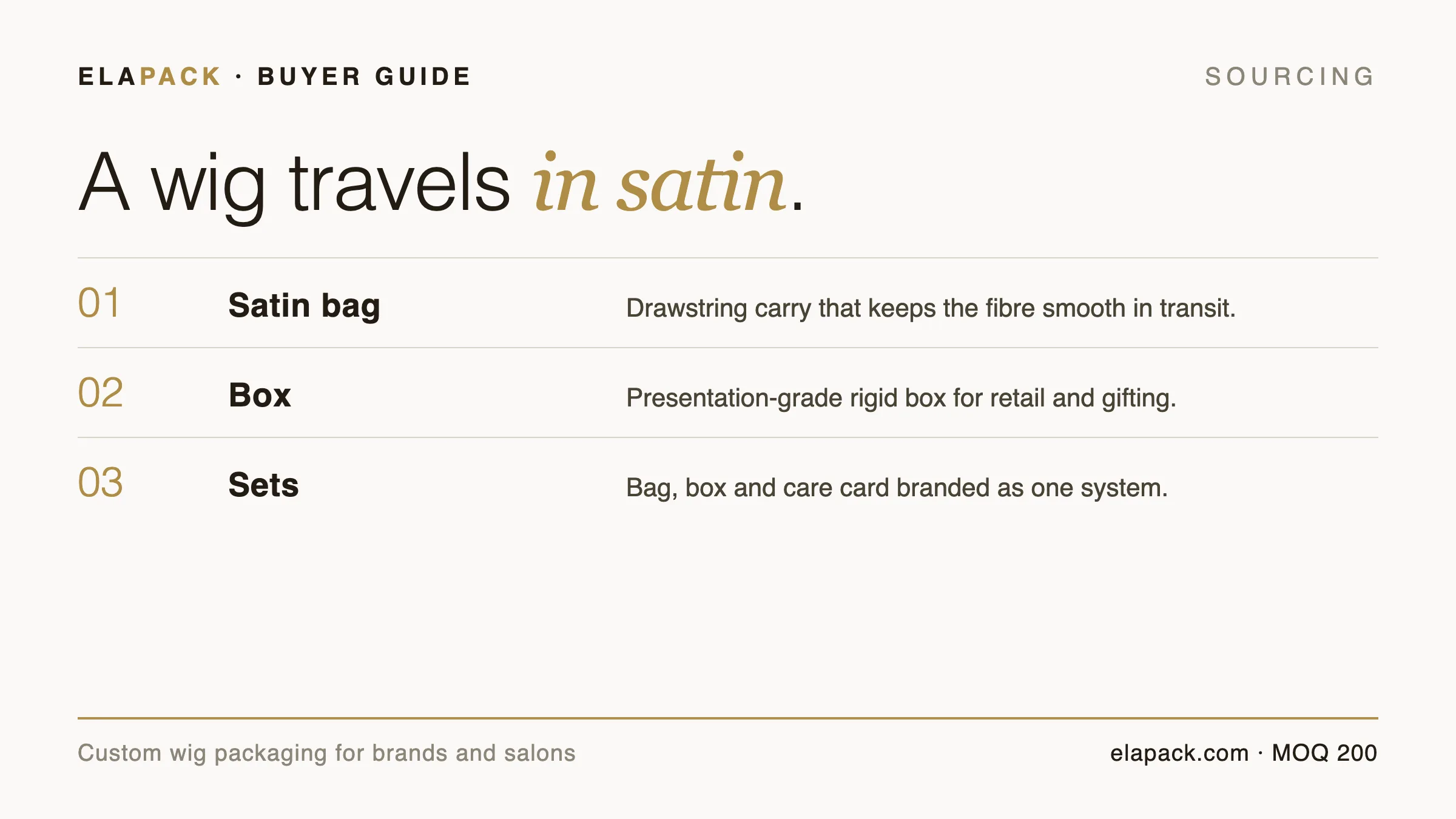 Guide cover card: a wig travels in satin — satin bag, presentation box and branded sets for wig packaging