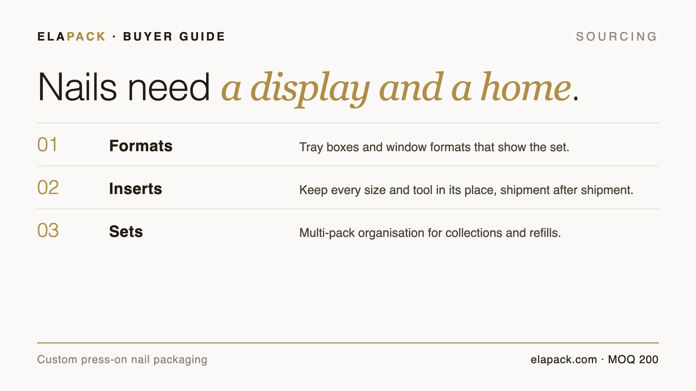 Guide cover card: nails need a display and a home — formats, inserts and set organisation for press-on nail packaging