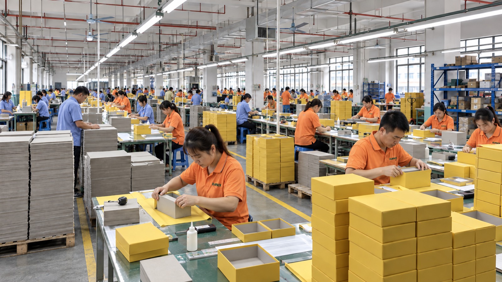 Rigid box assembly line at ELAPACK — boxes made to order, not from stock