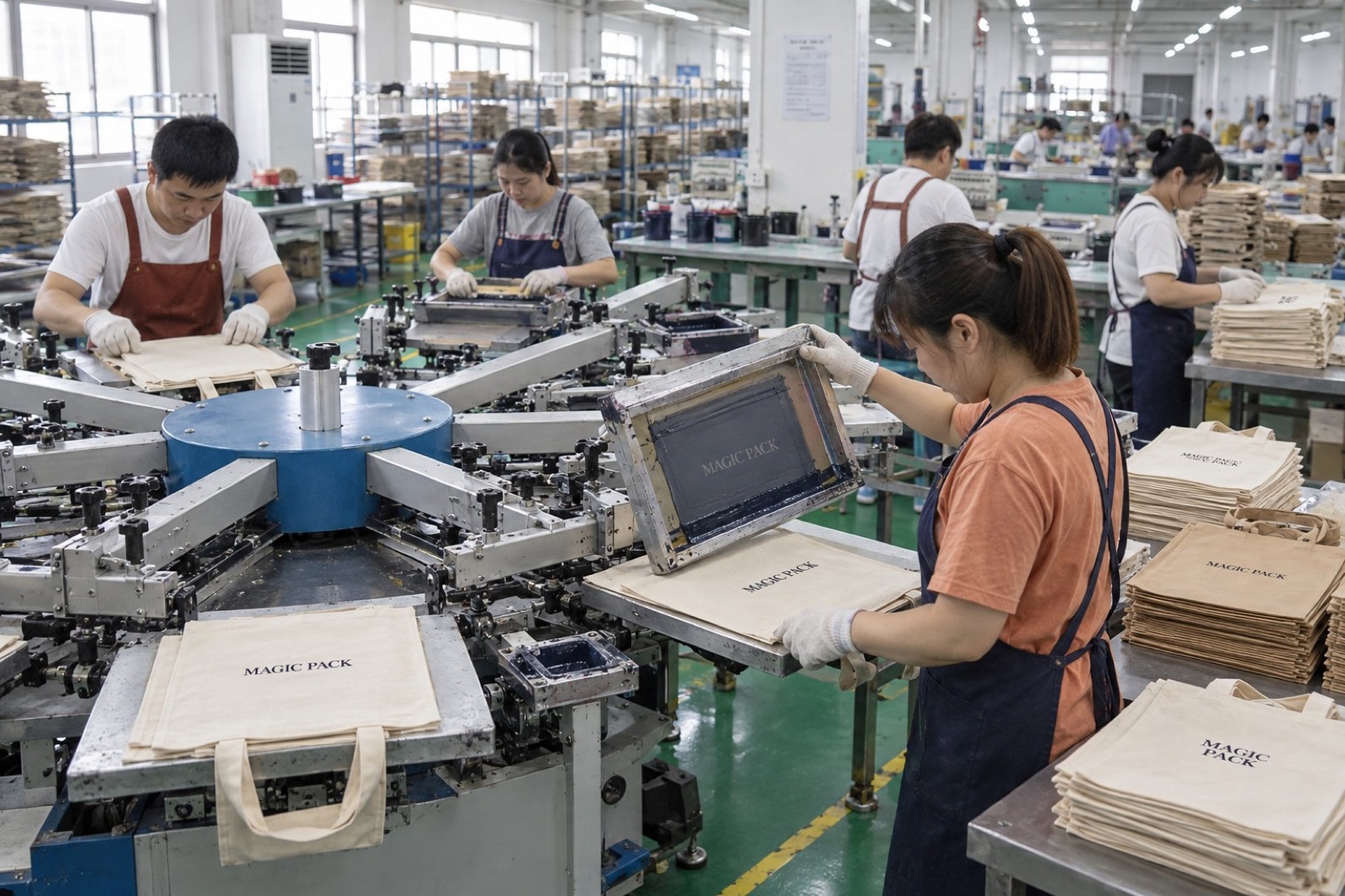 Screen printing station for custom logo printing on textile packaging