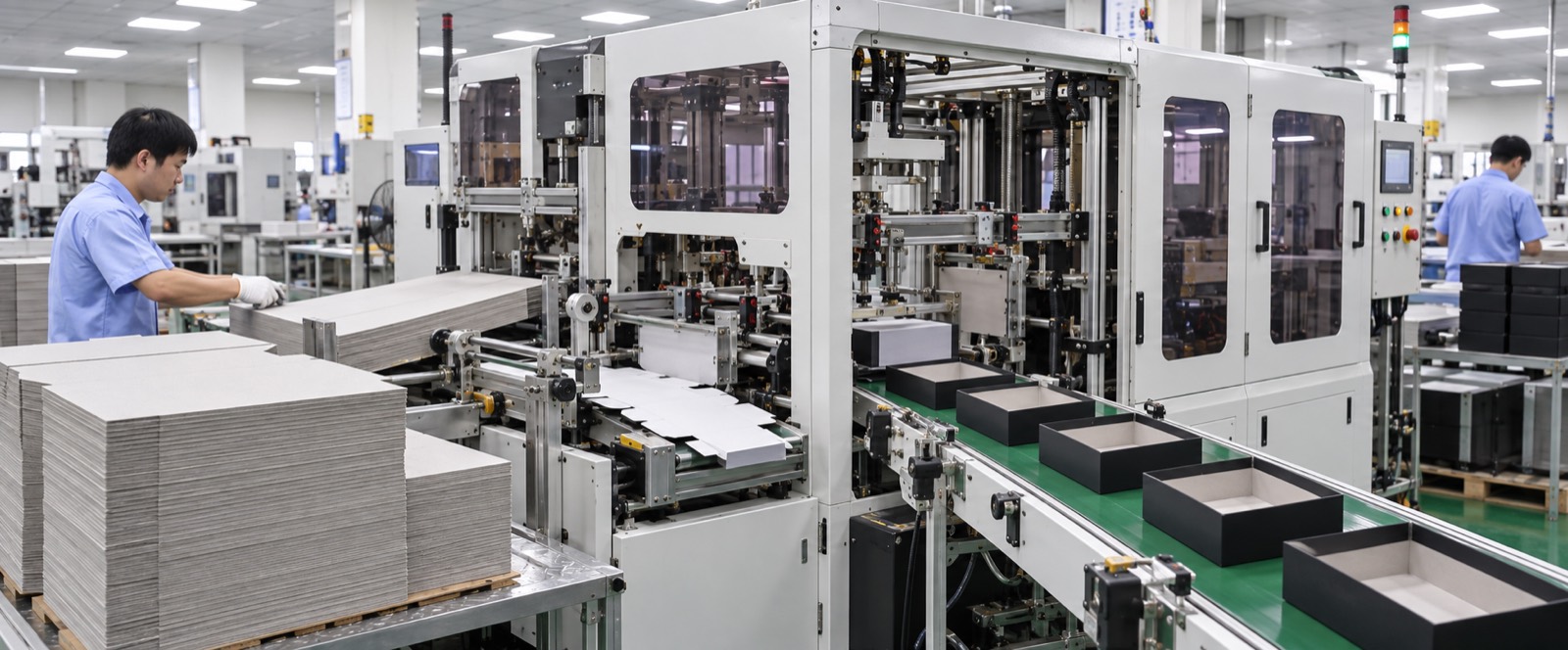 Automated box-making machine in ELAPACK's paper packaging workshop