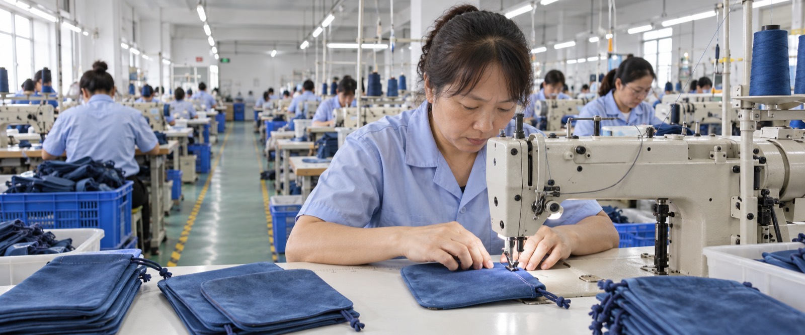 Sewing custom suede pouches on ELAPACK's textile production line